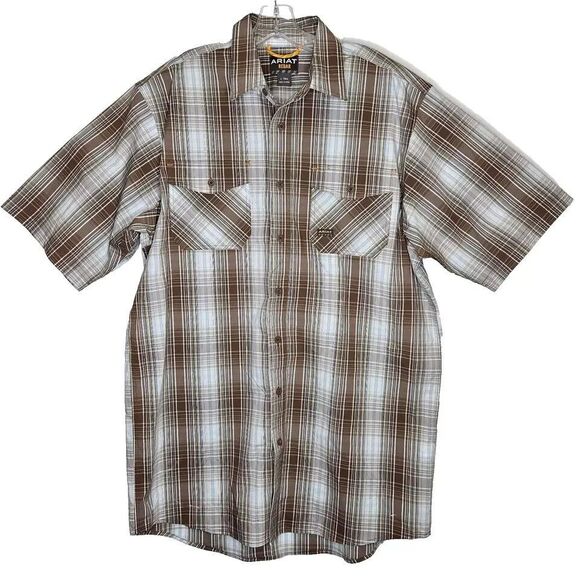 Ariat Rebar Brown Plaid Short Sleeve Button Down Shirt Large Tall Western Cowboy - Picture 3 of 13